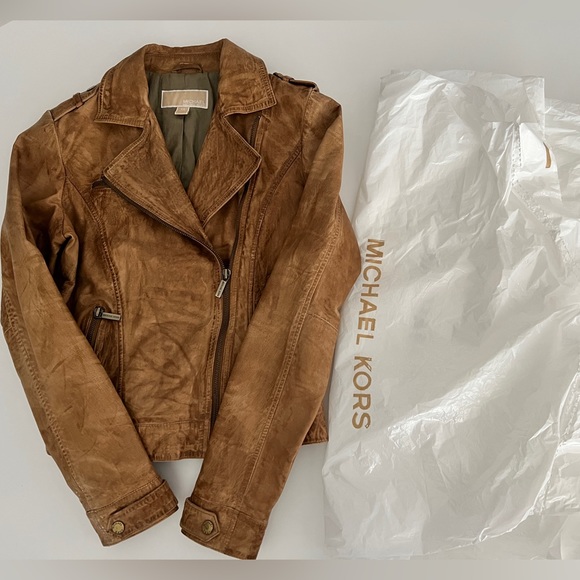 Michael Kors Leather Moto Biker Jacket Distressed Tan Luggage XS Small AUTHENTIC - Picture 14 of 14